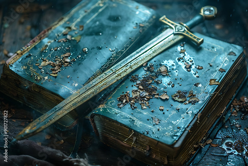 a medieval sword lying across a weathered, open book, surrounded by a forest setting with fallen leaves.