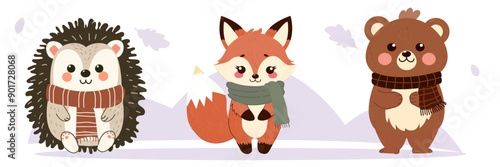 Set of cute hedgehog, fox and bear in scarf autumn. Animal characters, vector illustration.