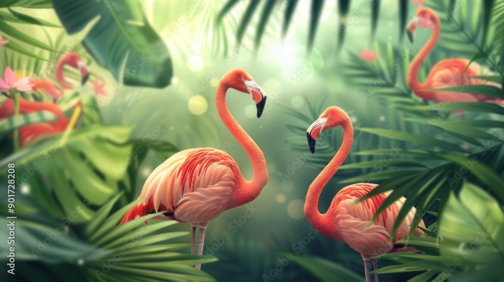 Fototapeta premium Majestic Flamingo Paradise. A colorful and vibrant tropical flamingo wallpaper