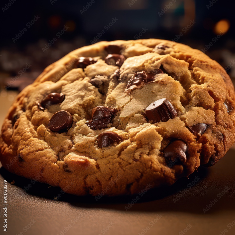 A close-up of a chocolate chip cookie with visible melted chocolate chips, resting on a dark surface with a blurred background that suggests a cozy ambiance. A close-up of a chocolate chip cookie with visible melted chocolate chips, resting on a dark surface with a blurred background that suggests a cozy ambiance.