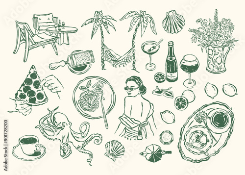 Minimalist Dolce Vita vector illustration collection. Art for greeting cards, wedding invitations, poster design, postcards, branding, logo design, background. Matisse style.	