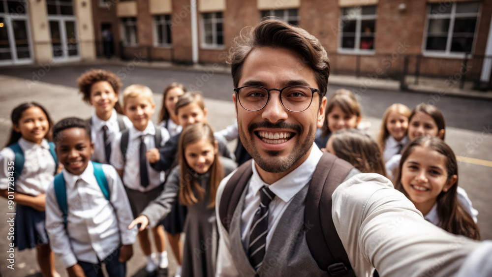 Obraz premium A teacher takes a selfie with students in the schoolyard, demonstrating modern classroom interaction