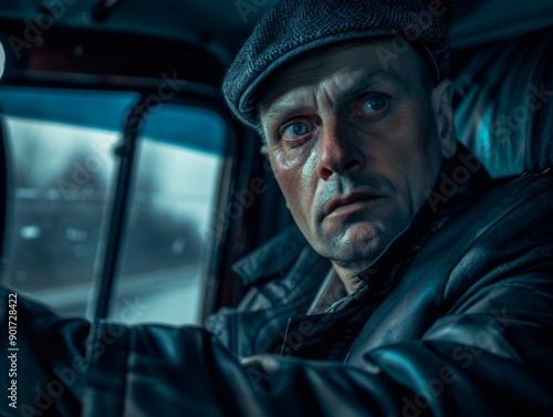 Medium shot of Bus driver man, themed background, bright tonality, in the style of fashion photography.