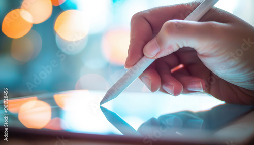 Close-up of a hand using a stylus on a tablet