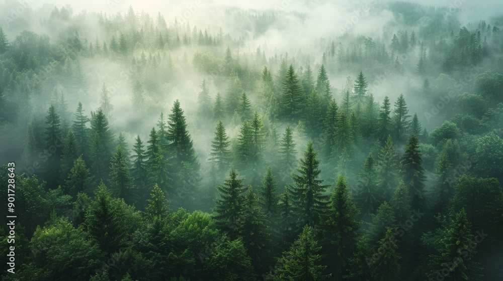 Serene Morning Mist Over Lush Evergreen Forest in Early Autumn. Generative AI Serene Morning Mist Over Lush Evergreen Forest in Early Autumn. Generative AI