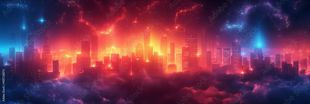A cityscape with a bright orange sky and a blue sky with a few clouds A cityscape with a bright orange sky and a blue sky with a few clouds