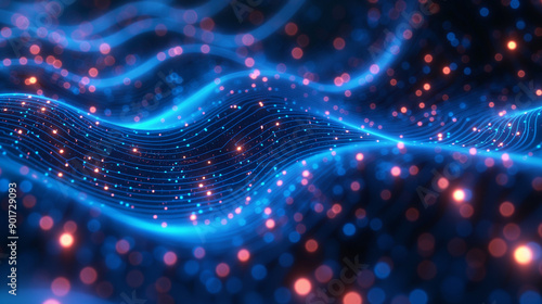 A long, colorful wave of light with orange and blue streaks