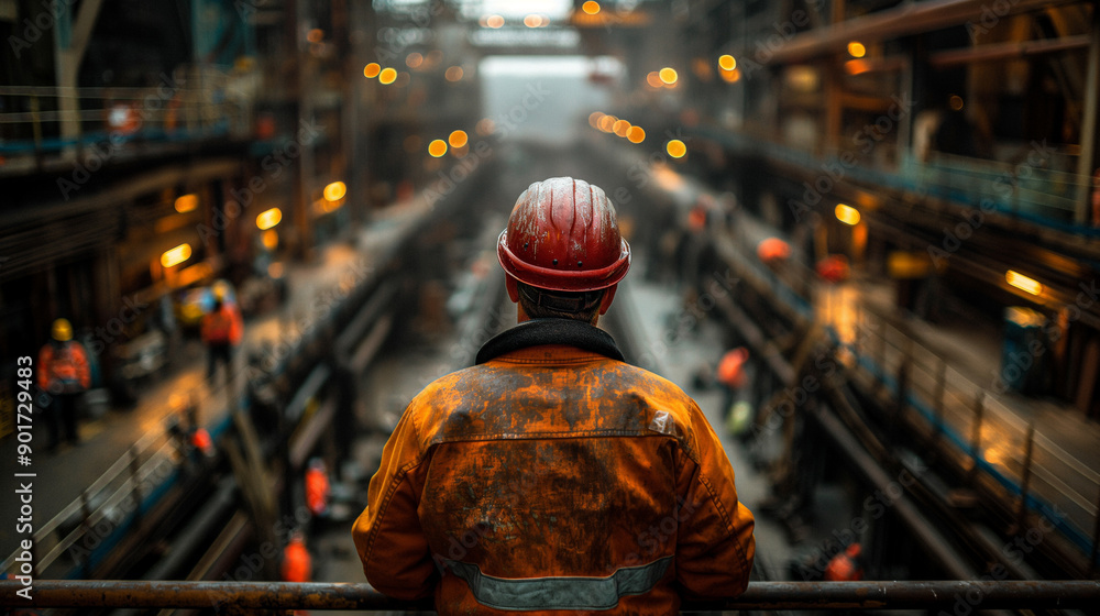A man in a yellow jacket is standing in a dark industrial area A man in a yellow jacket is standing in a dark industrial area
