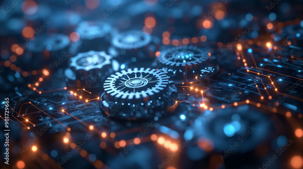 A close up of a computer chip with many gears and a few of them are orange A close up of a computer chip with many gears and a few of them are orange