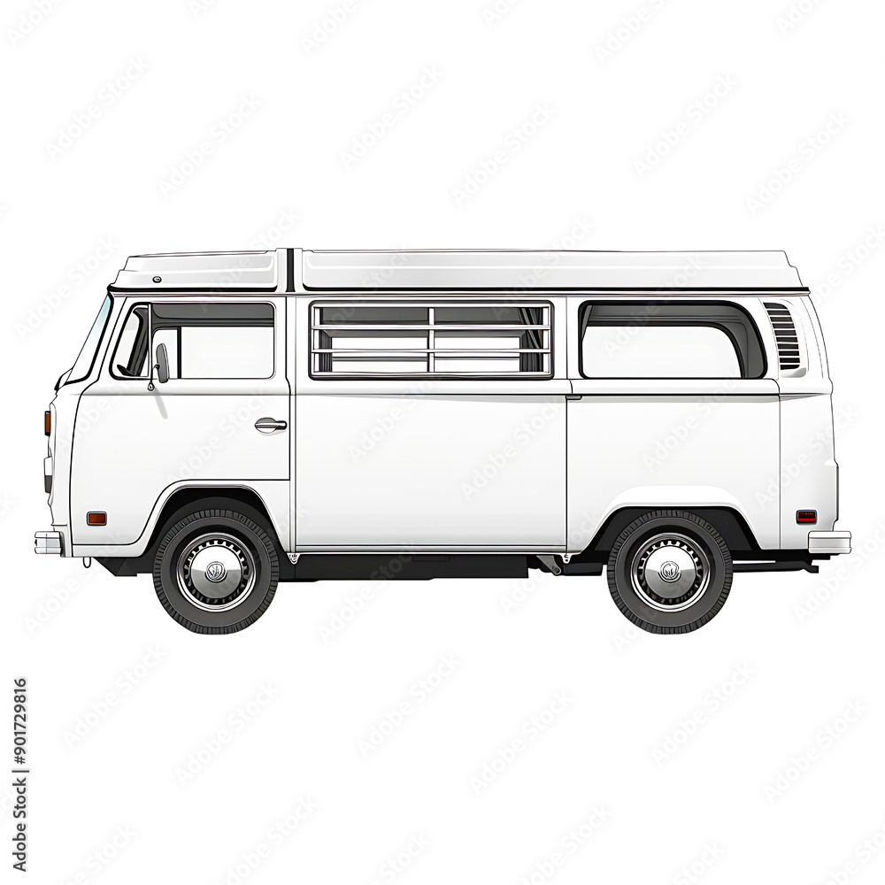 Naklejka premium Classic white vintage van isolated on transparency PNG background, side view, . Perfect for travel, adventure, and retro-themed projects.