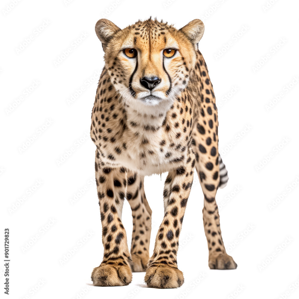 Prächtiger Gepard (Acinonyx), freigestellt vor weißem Hintergrund, Generative AI Prächtiger Gepard (Acinonyx), freigestellt vor weißem Hintergrund, Generative AI