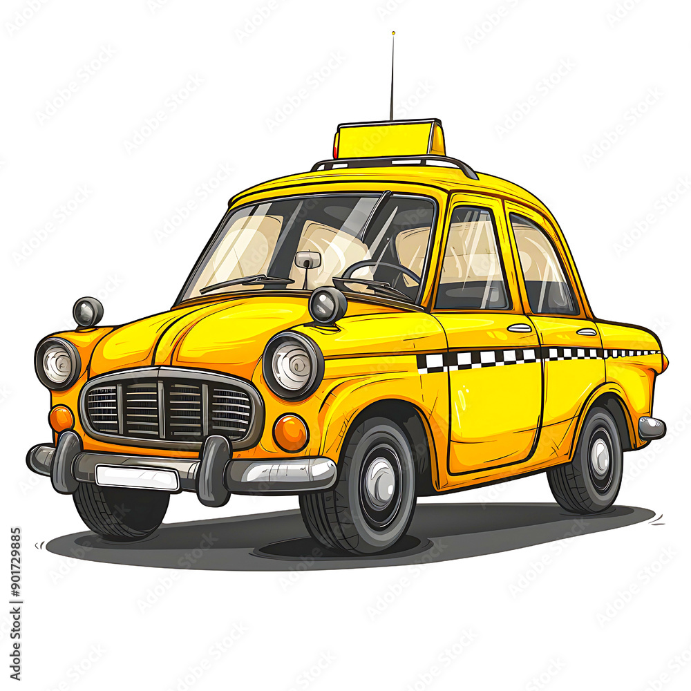 Obraz premium Cartoon illustration of a classic yellow taxi with a checkered stripe isolated on transparency PNG background, featuring a vintage car design .