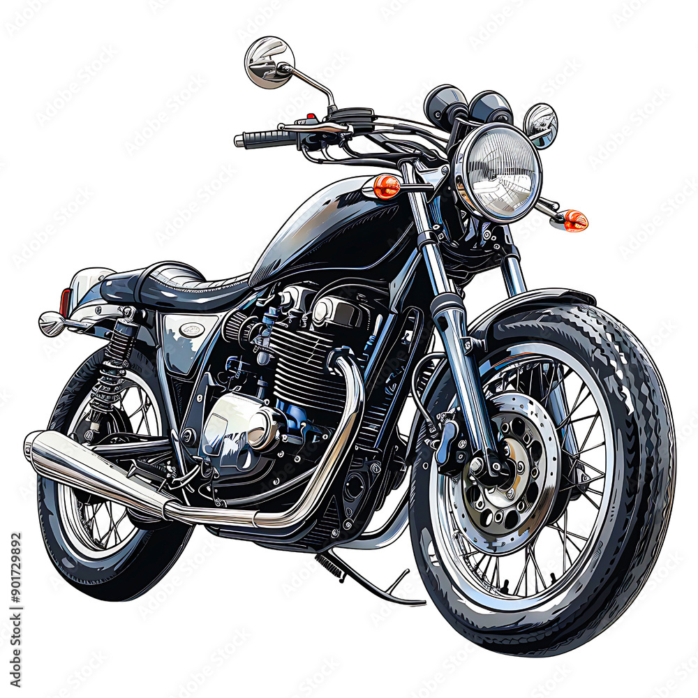Classic black motorcycle with chrome details isolated on transparency PNG background, emphasizing the sleek design and powerful engine, perfect for enthusiasts and collectors. Classic black motorcycle with chrome details isolated on transparency PNG background, emphasizing the sleek design and powerful engine, perfect for enthusiasts and collectors.