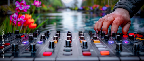Wallpaper Mural Vibrant Nightlife A DJ's Hands Skillfully Mixing Tracks on a High-Tech Soundboard with Colorful City Lights in the Background Capturing the Energy and Pulse of a Nightclub Scene Torontodigital.ca