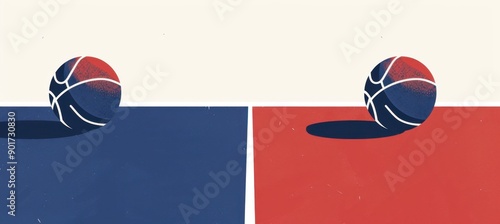 two basketballs on the court in navy blue and red colors, in a minimalistic style with simple shapes and low details on a white background Generative AI photo