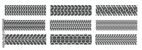 Tire tracks. Vector set of tire tread print isolated on white background. Footprint of road car tires and all-terrain trucks. Top view of rubber protector marks. Collection of seamless vector brushes.