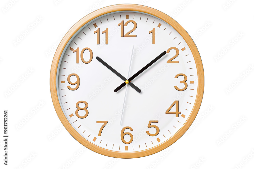 Round wall clock with white face and gold frame showing current time. Simple and elegant design for home or office decor. Round wall clock with white face and gold frame showing current time. Simple and elegant design for home or office decor.