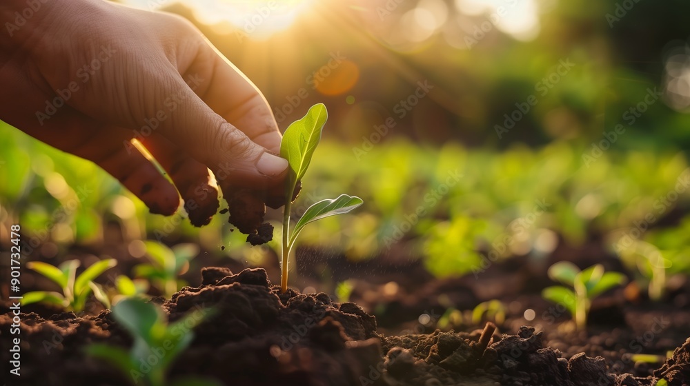 Fototapeta premium Close-up of young plant seedlings sprouting from fertile soil, illuminated by warm sunlight, symbolizing new growth, potential, and the nurturing of young talents