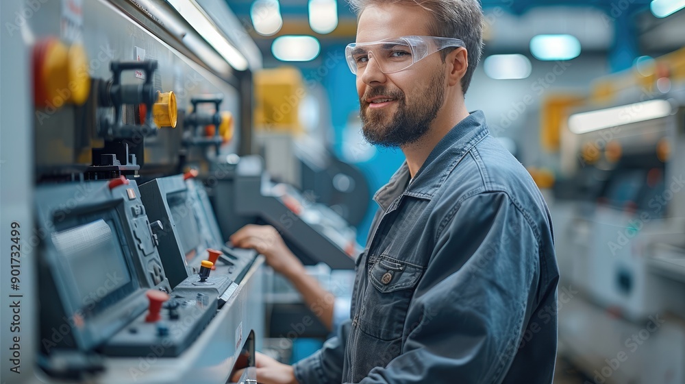 Engineer operating the machines, in modern industrial workspace with state-of-the-art machinery and equipment. The setting clean and well-organized, reflecting a professional environment.