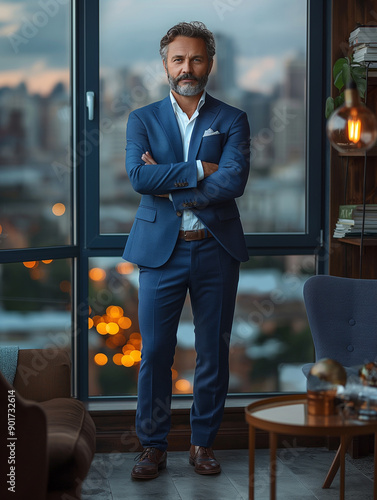 A man in a blue suit is smiling and posing for a photo