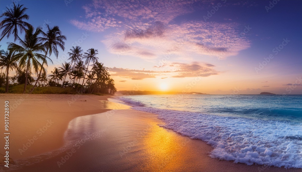 Beautiful sunset wtropical summer beach. panoramic tropical seascape horizon. white sand and blue sea waves, nature background, vacation in paradise concept for tourism, vivid colorful. Beautiful sunset wtropical summer beach. panoramic tropical seascape horizon. white sand and blue sea waves, nature background, vacation in paradise concept for tourism, vivid colorful.