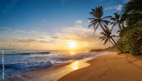 Beautiful sunset wtropical summer beach. panoramic tropical seascape horizon. white sand and blue sea waves, nature background, vacation in paradise concept for tourism, vivid colorful.