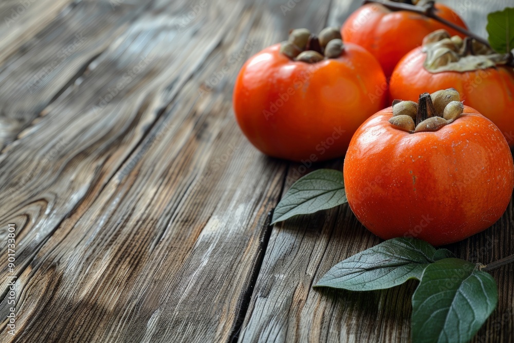 Fresh persimmons with stems intact, resting on a rustic blue wooden surface, showcasing their vibrant orange color. Fresh persimmons with stems intact, resting on a rustic blue wooden surface, showcasing their vibrant orange color.