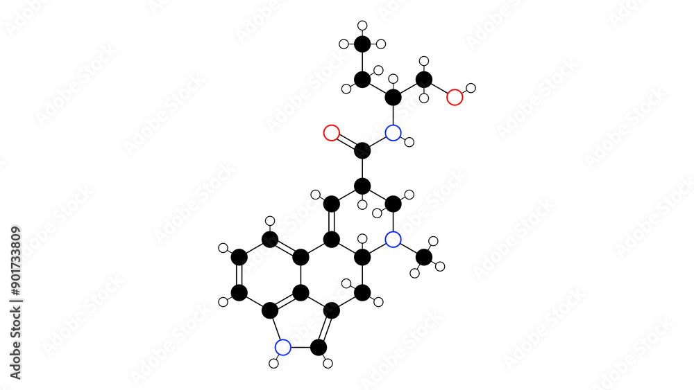 methylergometrine molecule, structural chemical formula, ball-and-stick model, isolated image oxytocic methylergometrine molecule, structural chemical formula, ball-and-stick model, isolated image oxytocic