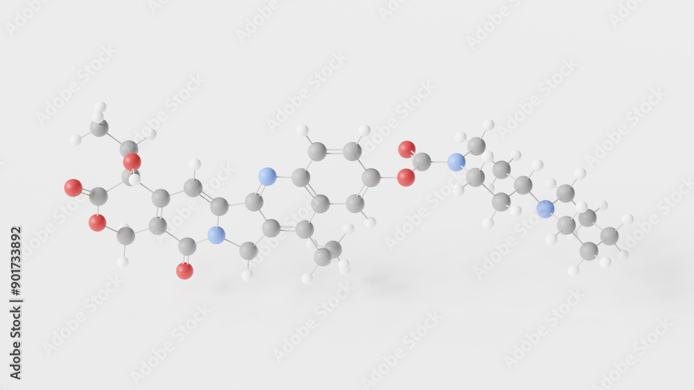irinotecan molecule 3d, molecular structure, ball and stick model, structural chemical formula anti-cancer medication irinotecan molecule 3d, molecular structure, ball and stick model, structural chemical formula anti-cancer medication