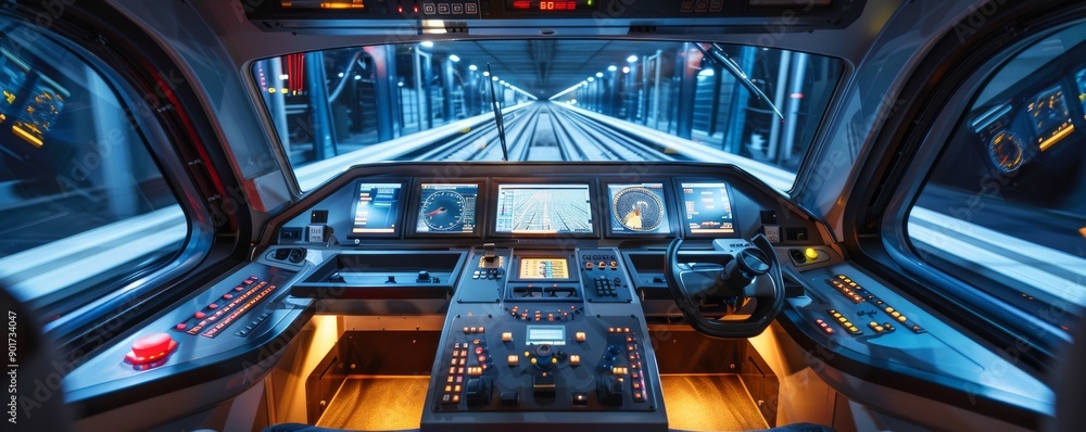 High-tech train control cabin with advanced technology and futuristic design High-tech train control cabin with advanced technology and futuristic design