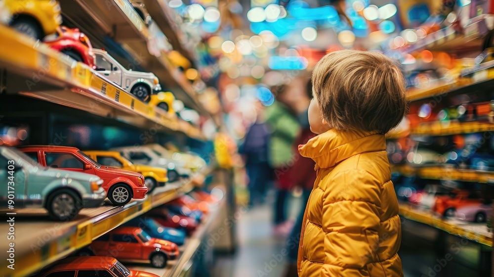 Young child in a toy store, captivated by the colorful toy cars and vehicles lining the shelves, creating a magical shopping experience Young child in a toy store, captivated by the colorful toy cars and vehicles lining the shelves, creating a magical shopping experience