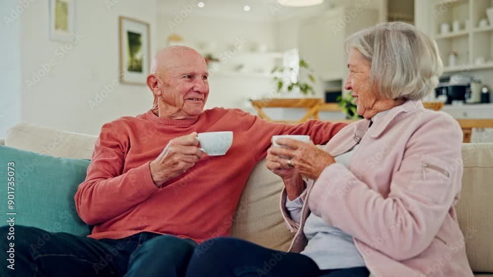 Drinking coffee, senior couple and living room with marriage, conversation and relax on a sofa. Discussion, tea cup and elderly people together in retirement with love and care in a home with drink Drinking coffee, senior couple and living room with marriage, conversation and relax on a sofa. Discussion, tea cup and elderly people together in retirement with love and care in a home with drink