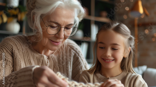 Grandmother teaching her granddaughter to knit, illustrating intergenerational experience transfer. 