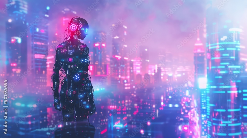 Neon city cyborg. A lone cyborg stands amidst a futuristic city glowing with vibrant neon lights in this evocative cyberpunk scene. Neon city cyborg. A lone cyborg stands amidst a futuristic city glowing with vibrant neon lights in this evocative cyberpunk scene.