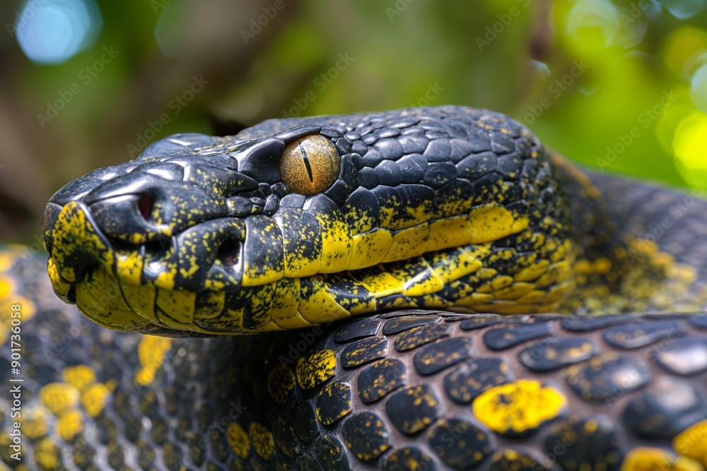 Close-up of a black and yellow snake coiled up, showcasing its detailed scales and an intense gaze in a natural setting. Close-up of a black and yellow snake coiled up, showcasing its detailed scales and an intense gaze in a natural setting.