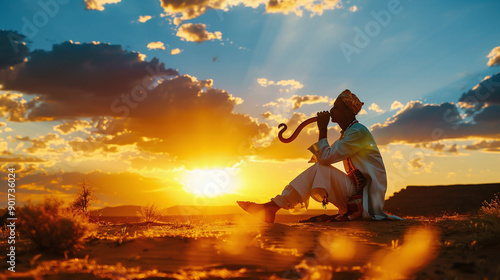 A snake charmer engaging with a fascinated audience in a desert setting photo