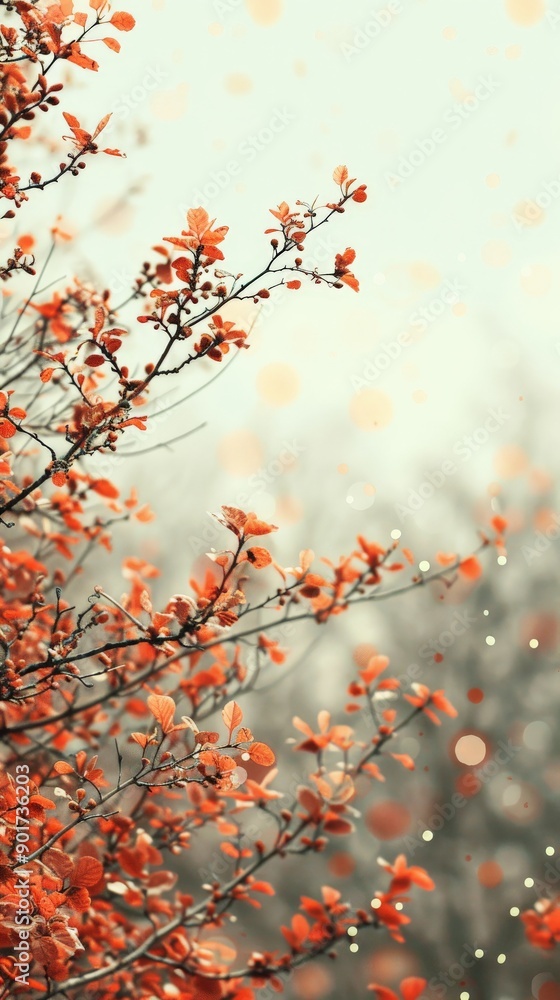 Soft orange leaves flutter softly in a tranquil autumn morning glow Soft orange leaves flutter softly in a tranquil autumn morning glow