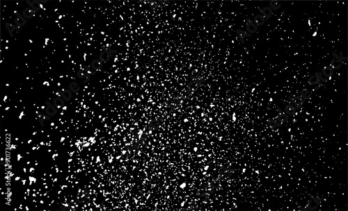 Snow, stars, twinkling lights, rain drops on black background. Abstract vector noise. Small particles of debris and dust. Distressed uneven grunge texture overlay.