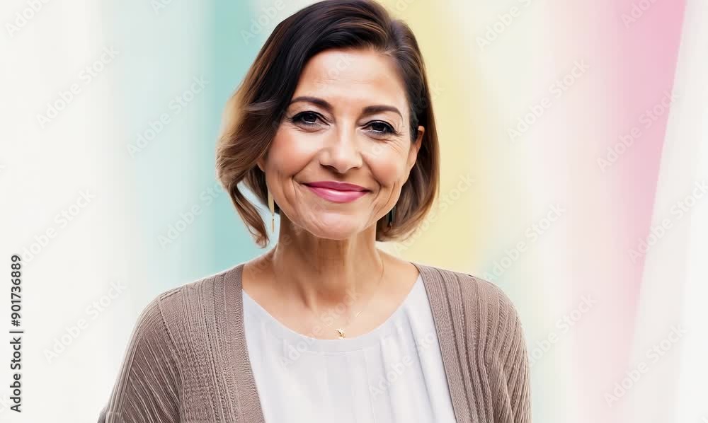 Group portrait video of a satisfied Brazilian woman in her 40s wearing a chic cardigan against a pastel or soft colors background Group portrait video of a satisfied Brazilian woman in her 40s wearing a chic cardigan against a pastel or soft colors background