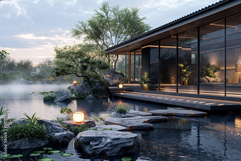 Modern house by a tranquil pond with stepping stones and serene garden. Modern house by a tranquil pond with stepping stones and serene garden.