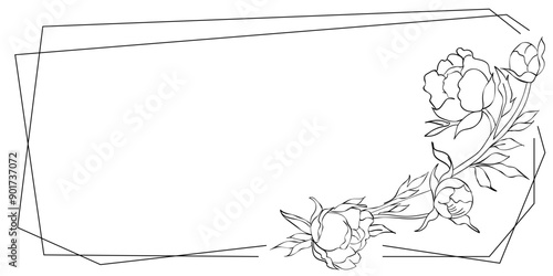 Frame with linear peony Vector isolated illustration on white background Doodle style holiday card Elegant single line drawing Printable invitation and greeting card