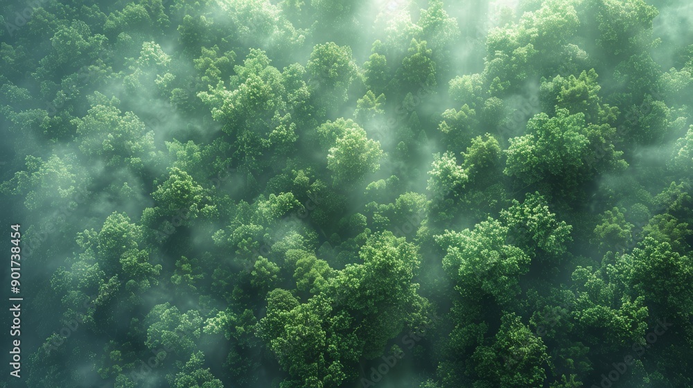 Fototapeta premium Lush Green Forest Canopy Surrounded by Misty Atmosphere in Early Morning Light. Generative AI