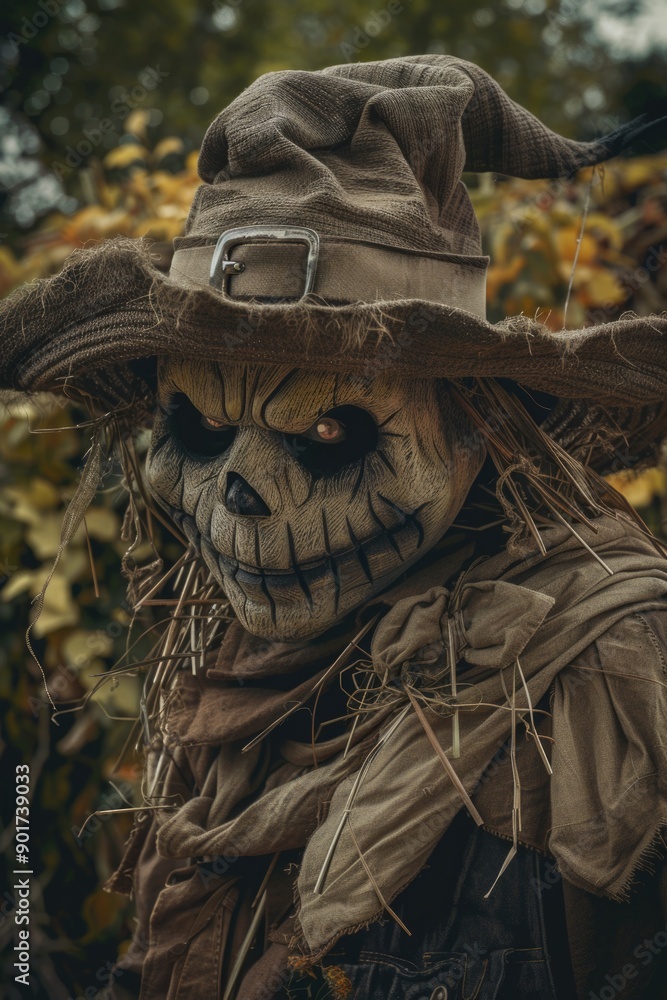 Fototapeta premium A scarecrow with a hat and scare face, perfect for Halloween decorations or harvest themes