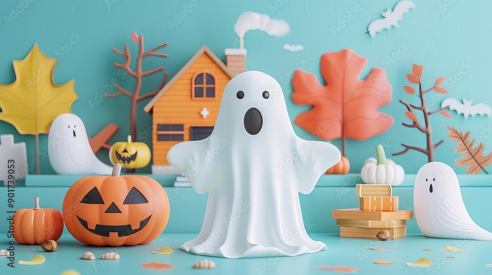 A colorful Halloween scene featuring playful ghosts, pumpkins, and autumn leaves against a cheerful backdrop. A colorful Halloween scene featuring playful ghosts, pumpkins, and autumn leaves against a cheerful backdrop.