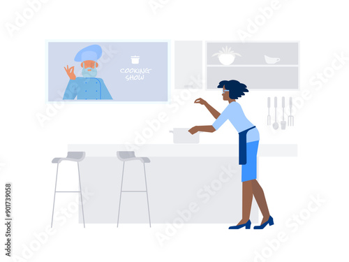 Watching Cooking show in kitchen