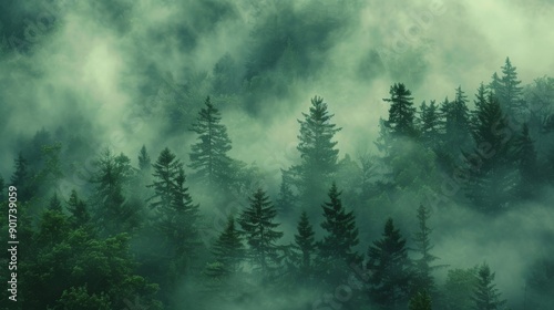 The scene captures the dense, lush green trees shrouded in a mystical layer of fog, creating a serene and tranquil atmosphere. The forest is rich with various shades of green. 