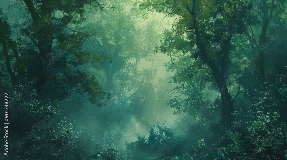 The scene captures the dense, lush green trees shrouded in a mystical layer of fog, creating a serene and tranquil atmosphere. The forest is rich with various shades of green. The scene captures the dense, lush green trees shrouded in a mystical layer of fog, creating a serene and tranquil atmosphere. The forest is rich with various shades of green.