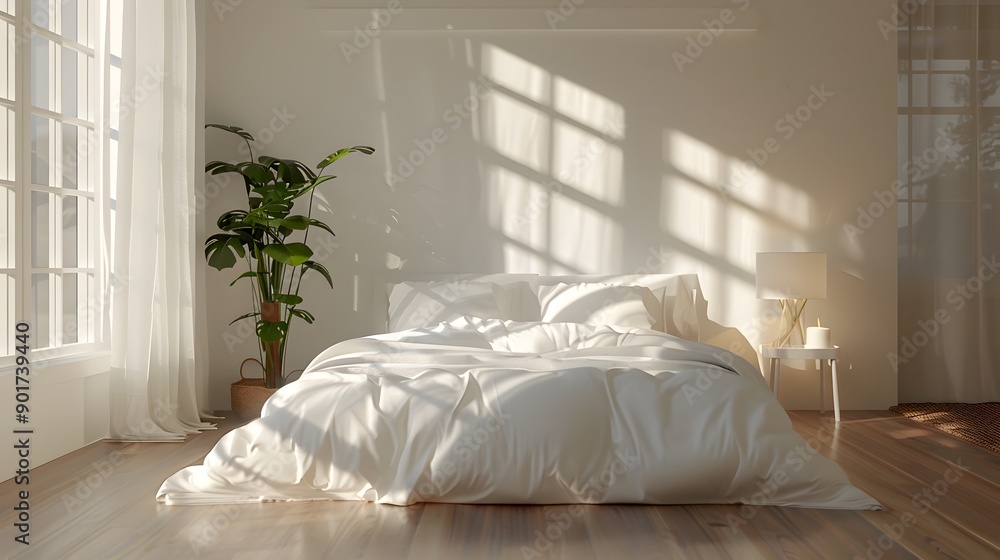 Serene Sanctuary Minimalist Bedroom with Natural Light and Greenery Serene Sanctuary Minimalist Bedroom with Natural Light and Greenery