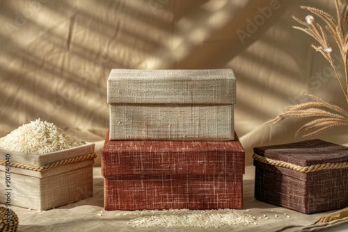 Three gift boxes of different sizes. The canvas fabric colors are beige, brown, and burgundy respectively.  Autumn gifts