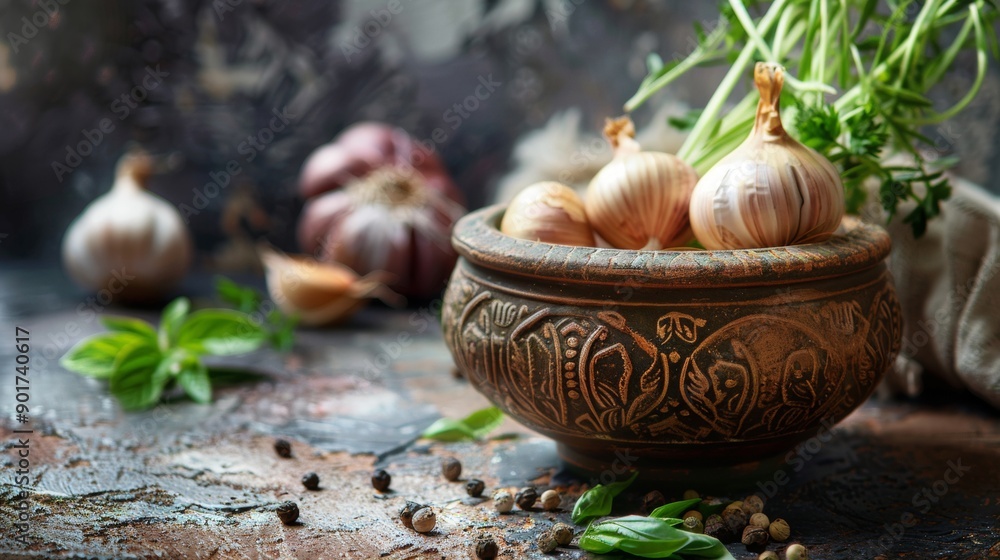 Garlic bulbs in a rustic bowl with herbs Garlic bulbs in a rustic bowl with herbs